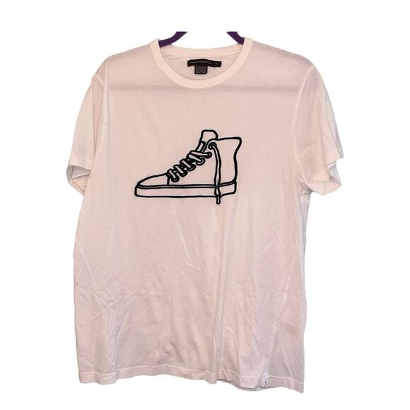 French Connection Embroidered Sneaker Graphic Tee White Knit Black Short Sleeve - Picture 1 of 7